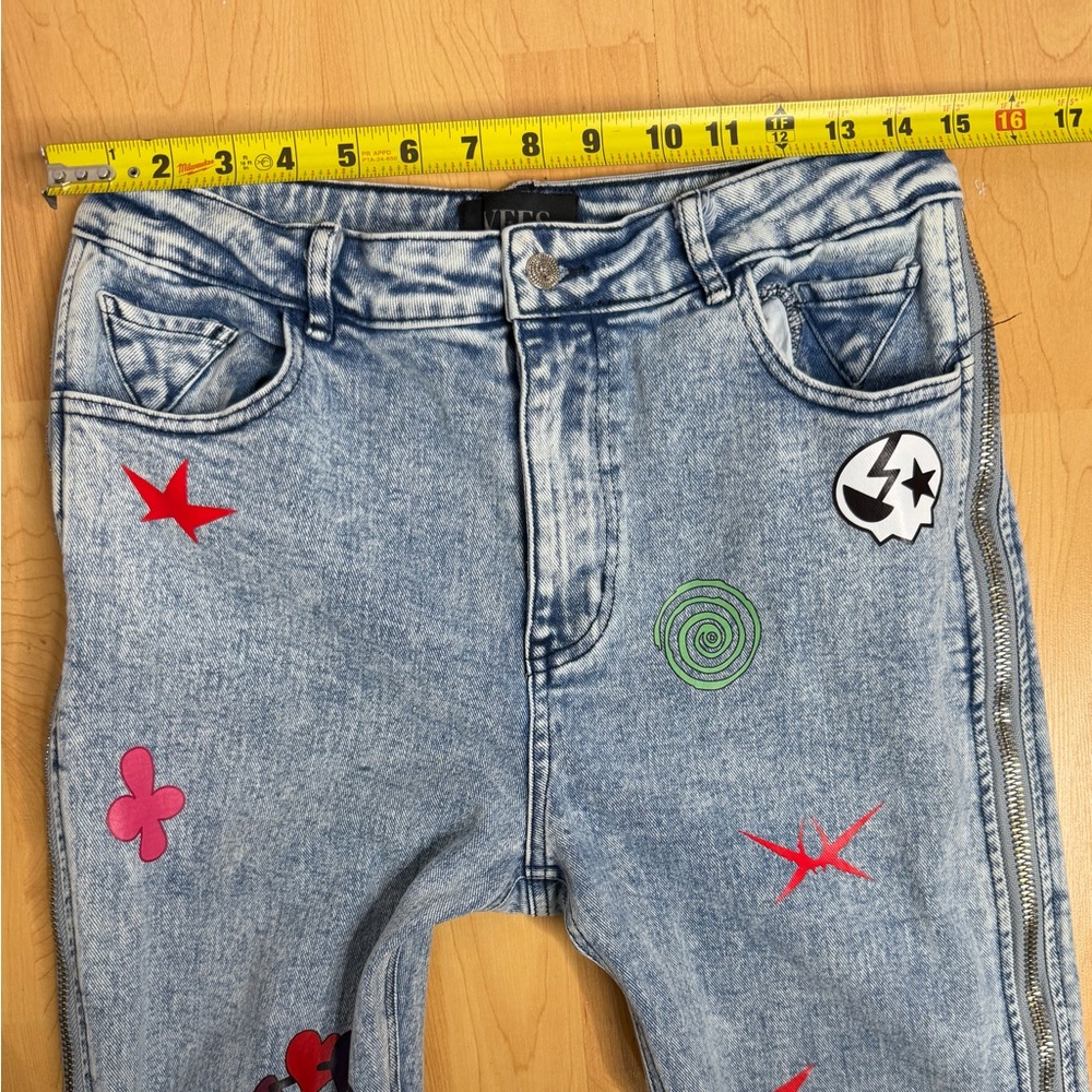 VEES Y2K Patchwork Flare Jeans Side Zipper Bell Bottom High Rise Festival - Picture 9 of 12